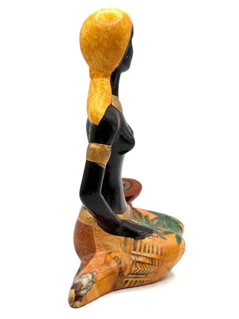 Vintage African Woman Figurine Candle Holder Palm Tree Folk Art Sculpture 8.75